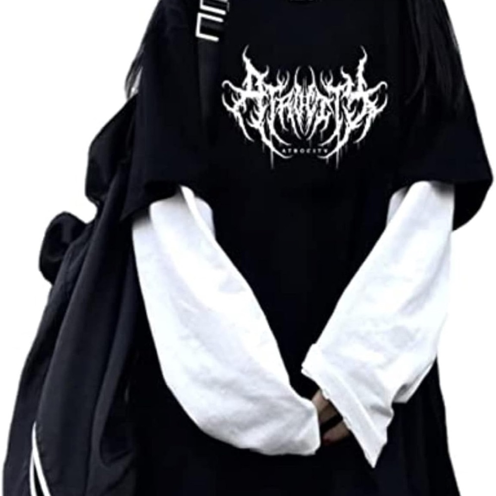 Black Graphic T-Shirt with White Long Sleeves fake two piece
